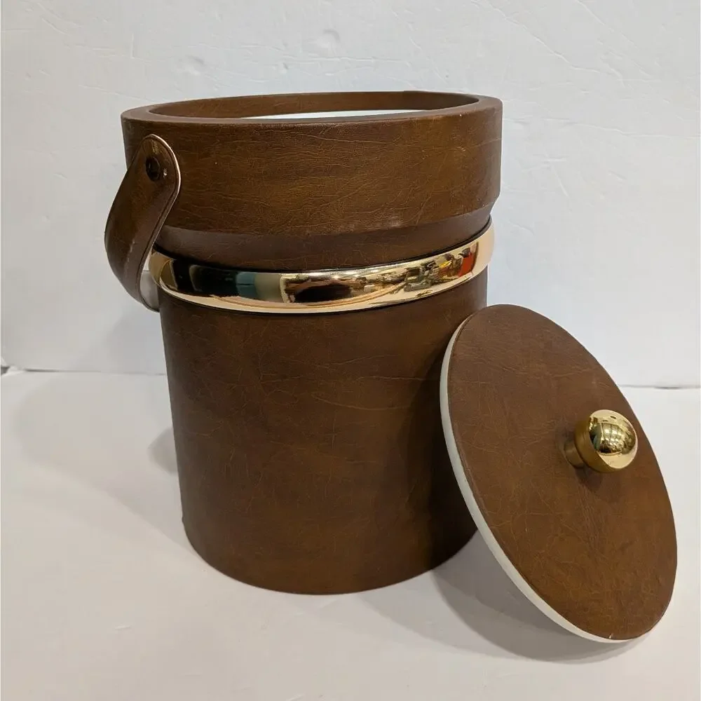 Vintage MCM Brown Faux Leather Ice Bucket Gold Brass Trim Handle Retro Barware